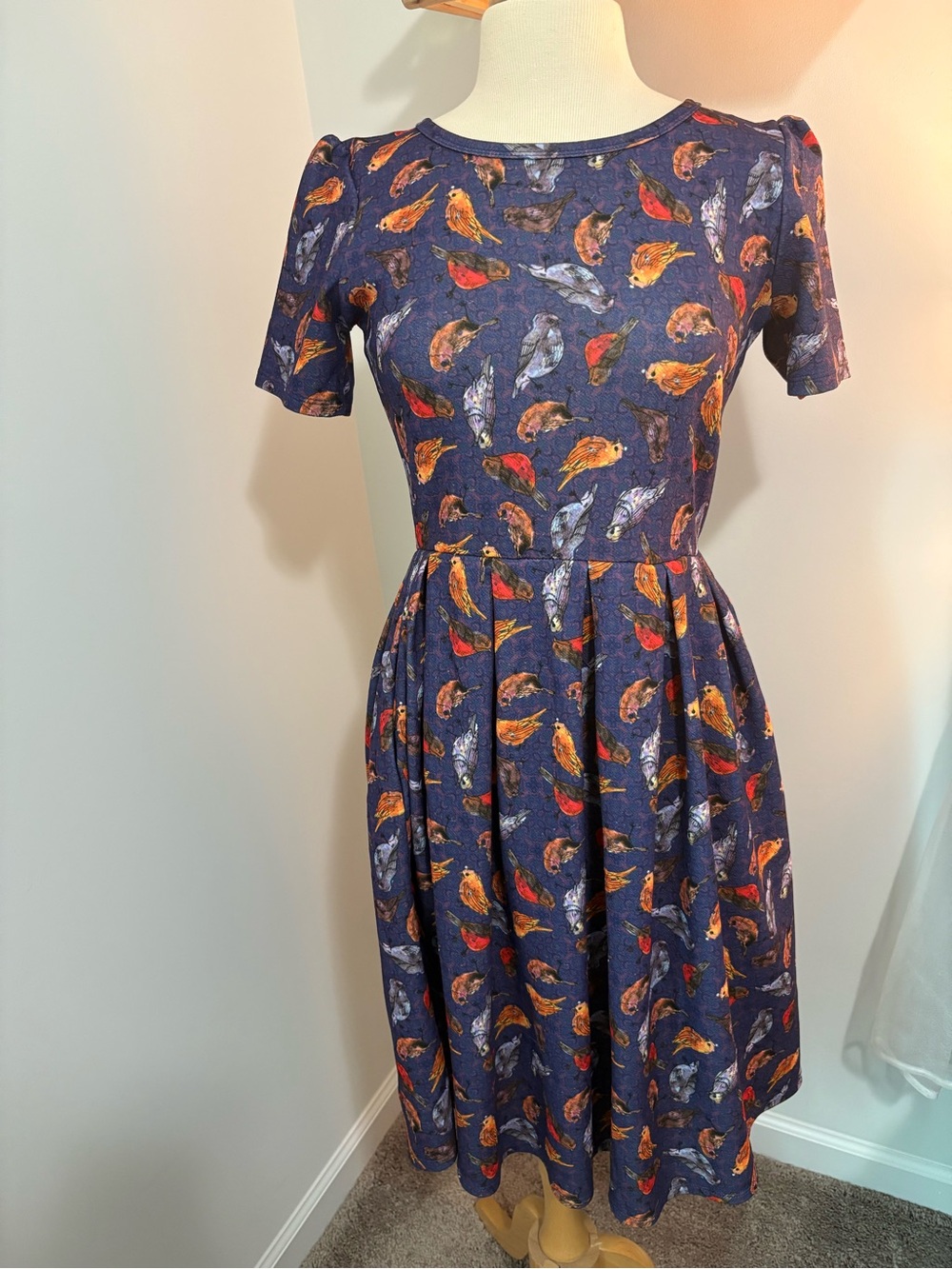 LuLaRoe Navy Midi Dress with Multicolor Bird Print M